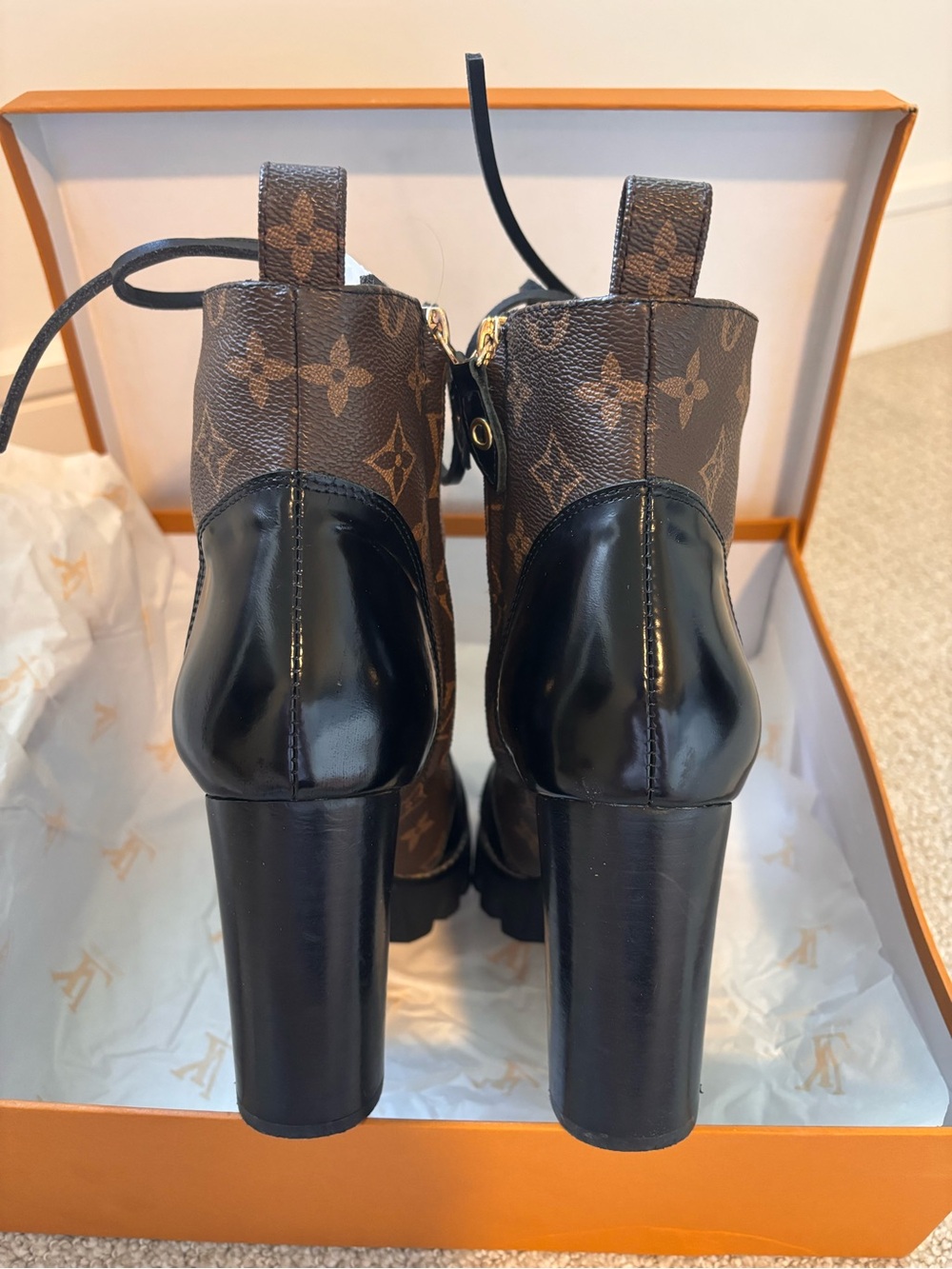 Louis Vuitton Brown Monogram Lace-Up Leather Block Heel Ankle Boots - Picture 3 of 7